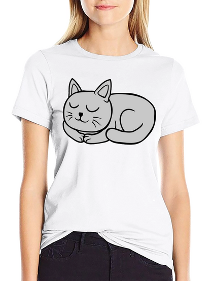Black T-Shirt with Cute Sleeping Cat Graphic