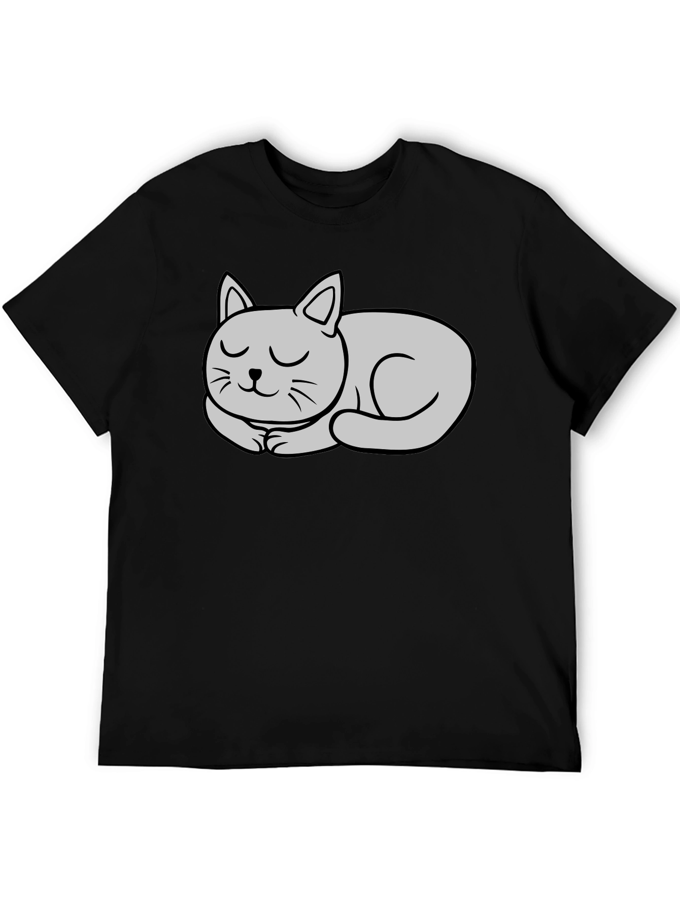 Black T-Shirt with Cute Sleeping Cat Graphic