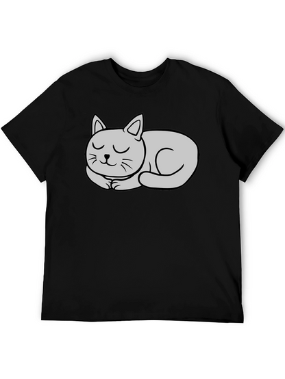 Black T-Shirt with Cute Sleeping Cat Graphic