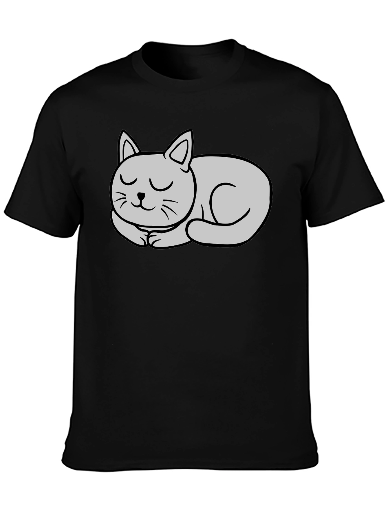 Black T-Shirt with Cute Sleeping Cat Graphic