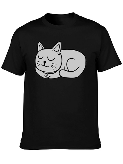 Black T-Shirt with Cute Sleeping Cat Graphic