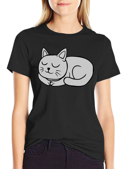 Black T-Shirt with Cute Sleeping Cat Graphic