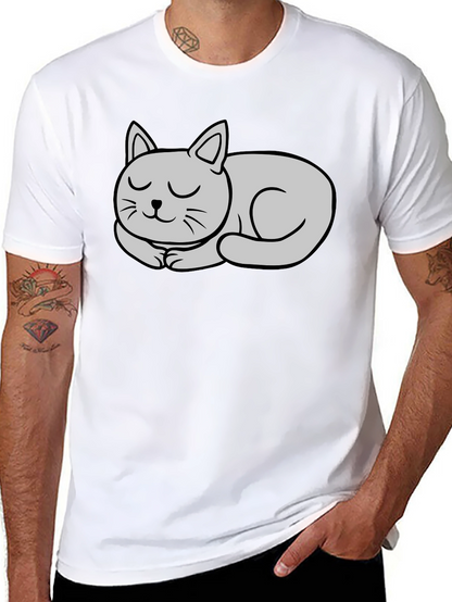 Black T-Shirt with Cute Sleeping Cat Graphic