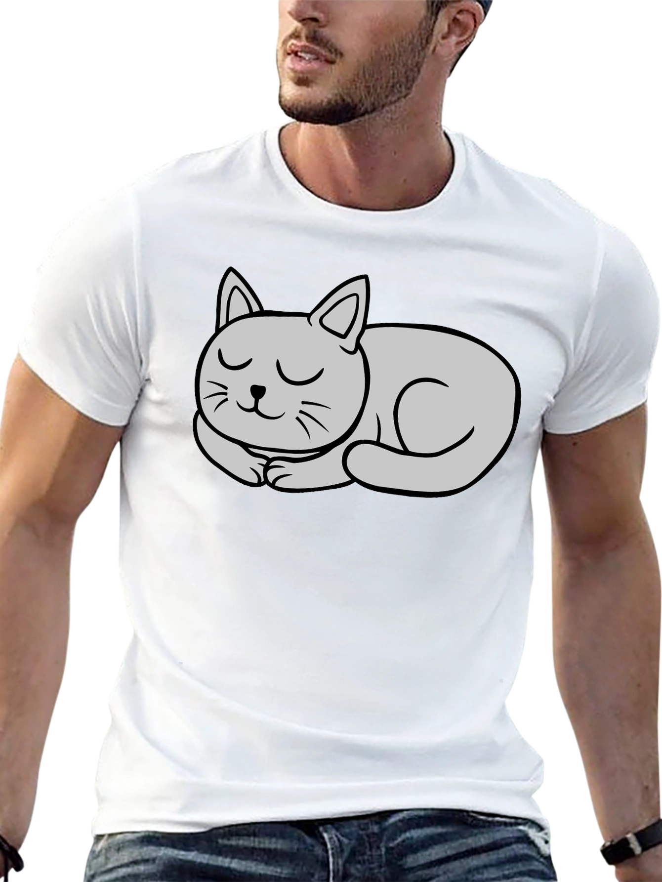 Black T-Shirt with Cute Sleeping Cat Graphic