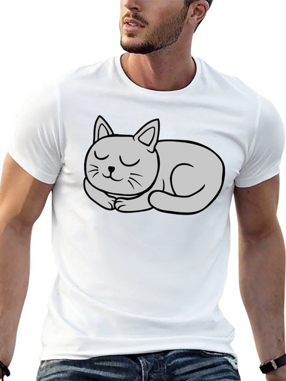 Black T-Shirt with Cute Sleeping Cat Graphic
