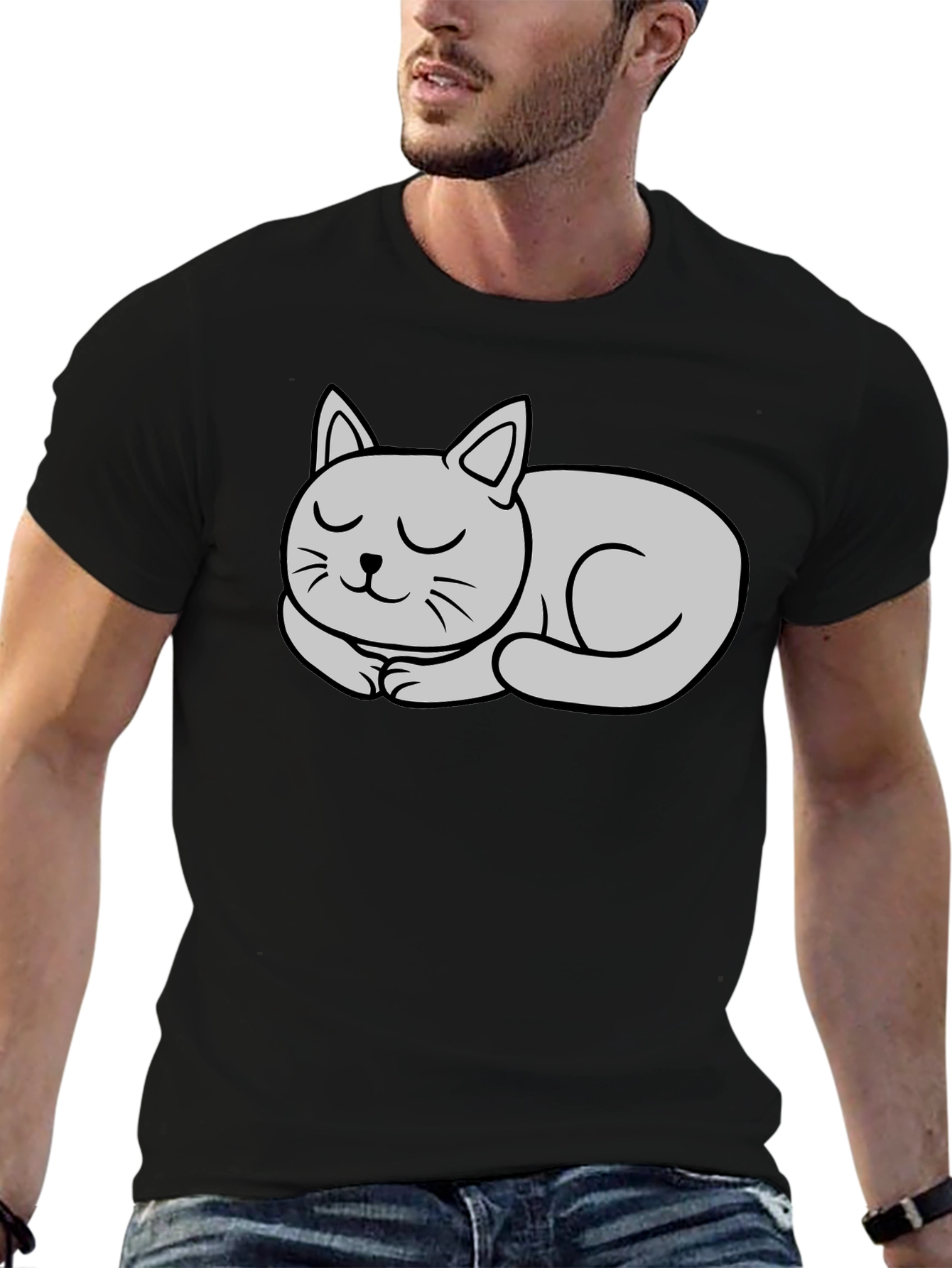 Black T-Shirt with Cute Sleeping Cat Graphic