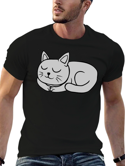 Black T-Shirt with Cute Sleeping Cat Graphic