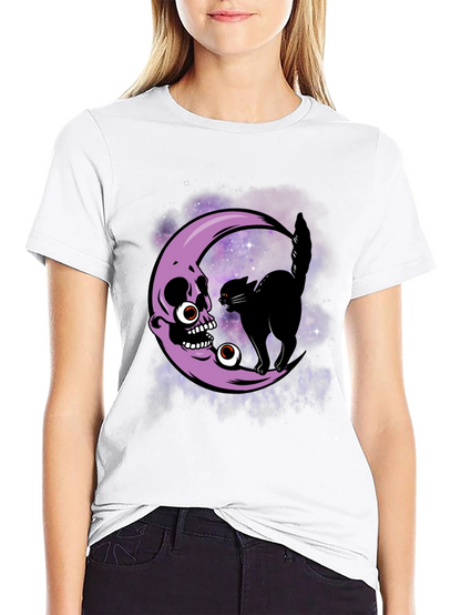 Skull Moon Cat T-Shirt - Halloween Spooky Design