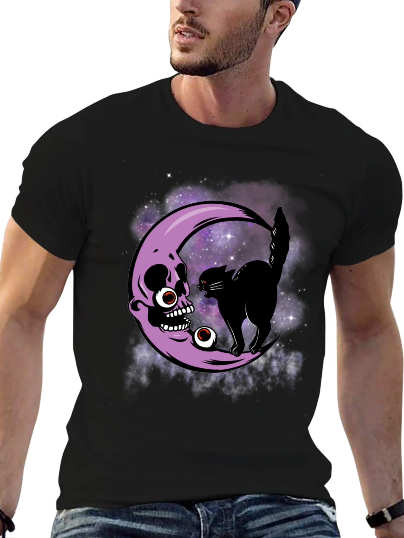 Skull Moon Cat T-Shirt - Halloween Spooky Design