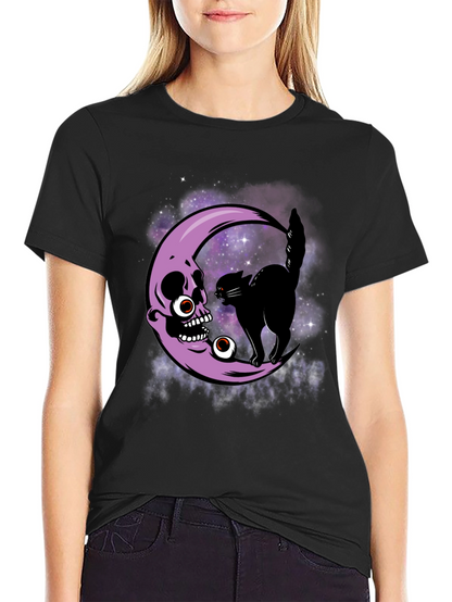 Skull Moon Cat T-Shirt - Halloween Spooky Design
