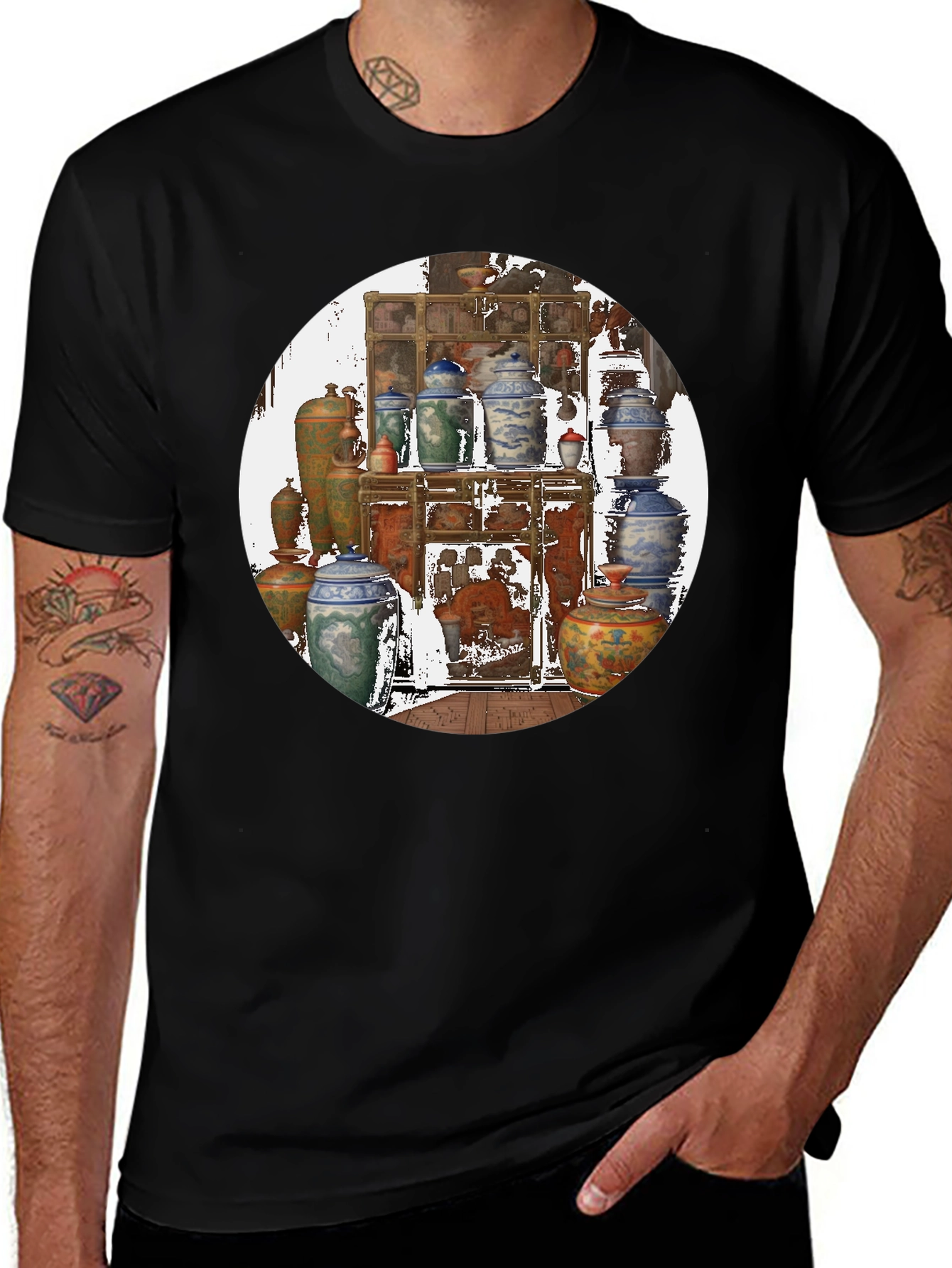 Artistic Black T-Shirt With Vase Print