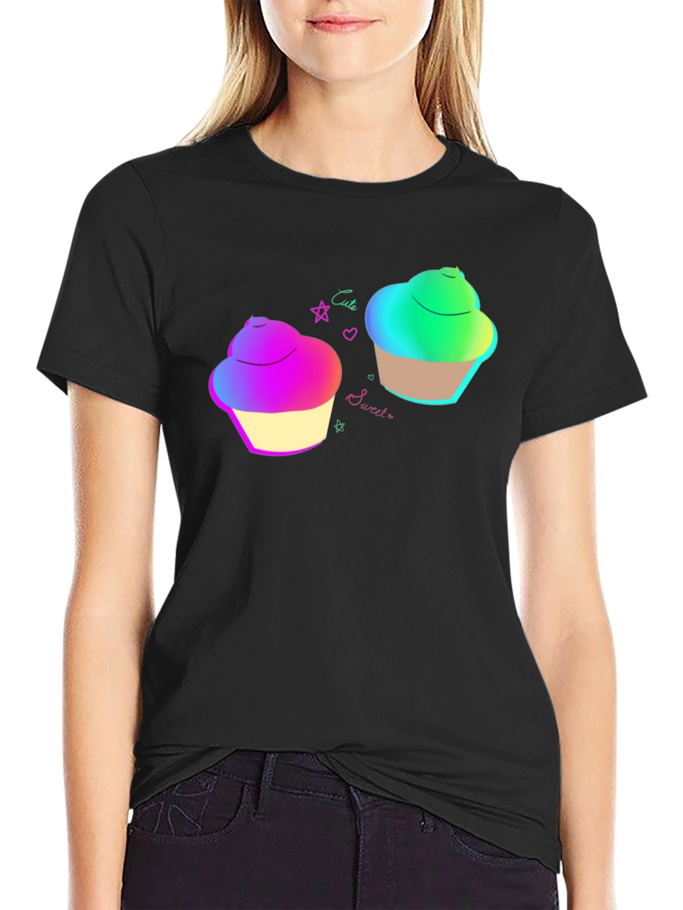 Cute Cupcake Graphic Black T-Shirt