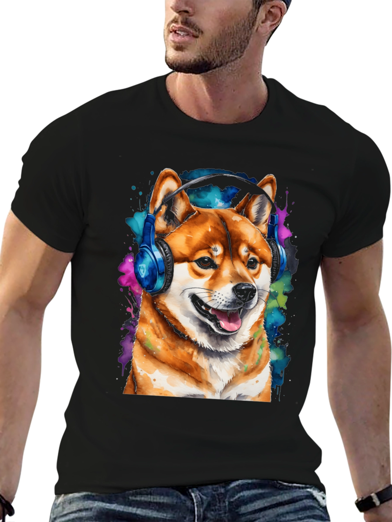 Shiba Inu Dog Wearing Headphones T-Shirt