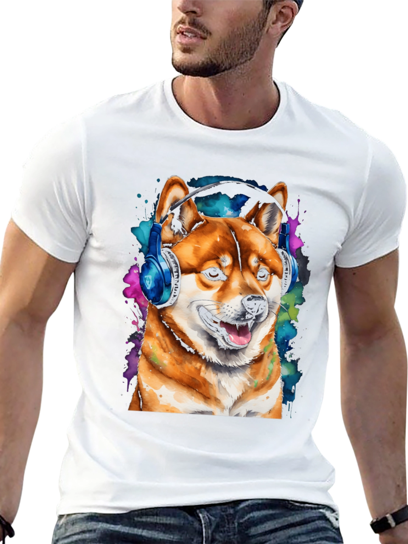 Shiba Inu Dog Wearing Headphones T-Shirt