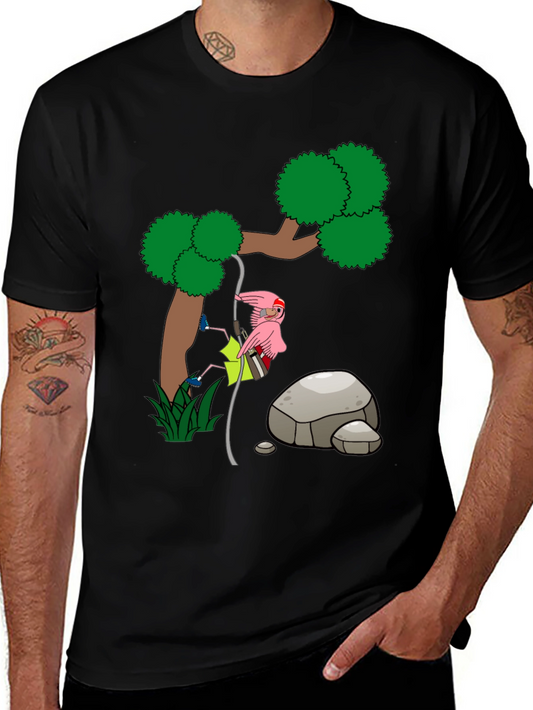 Cartoon Flamingo Climbing Tree Black T-Shirt