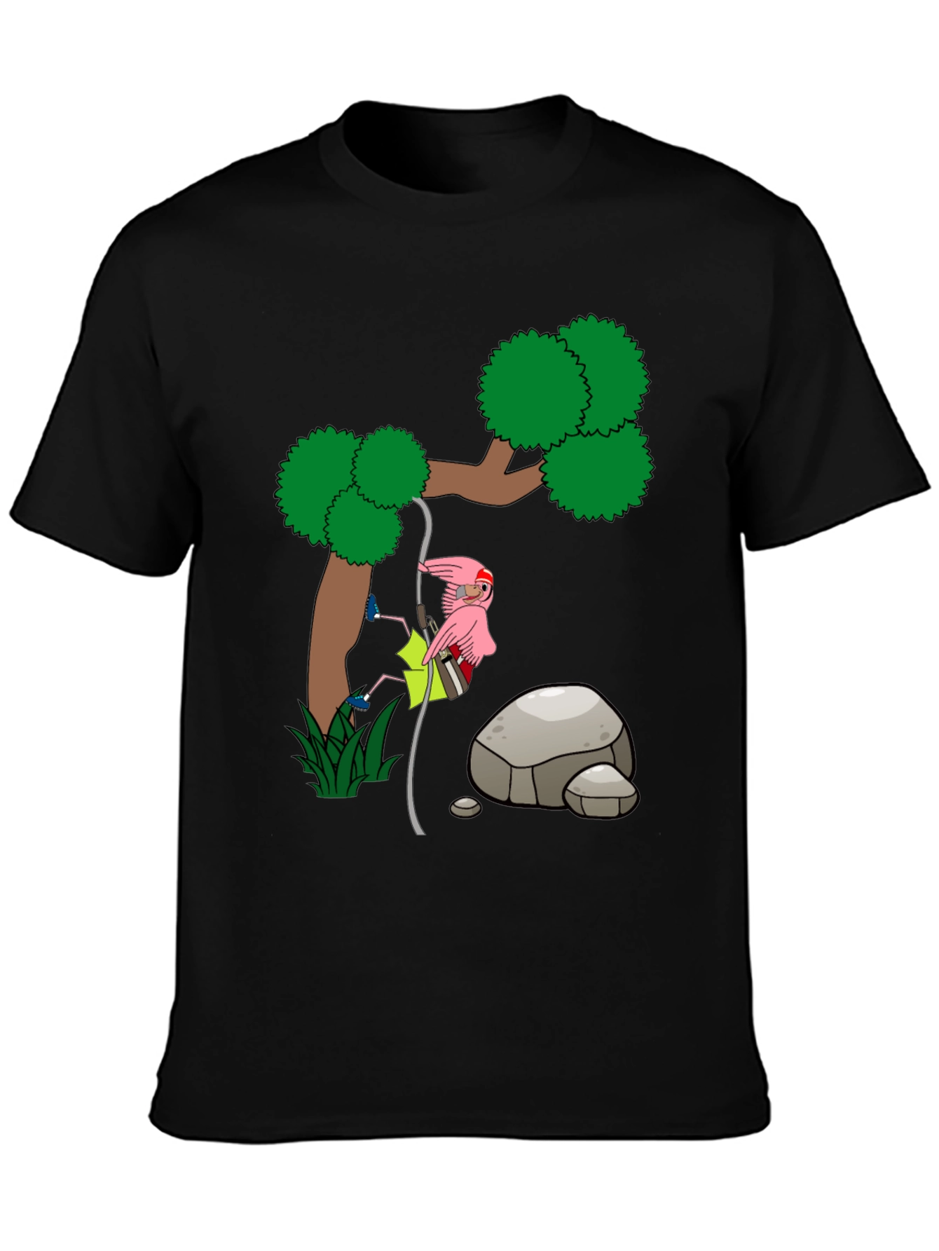 Cartoon Flamingo Climbing Tree Black T-Shirt