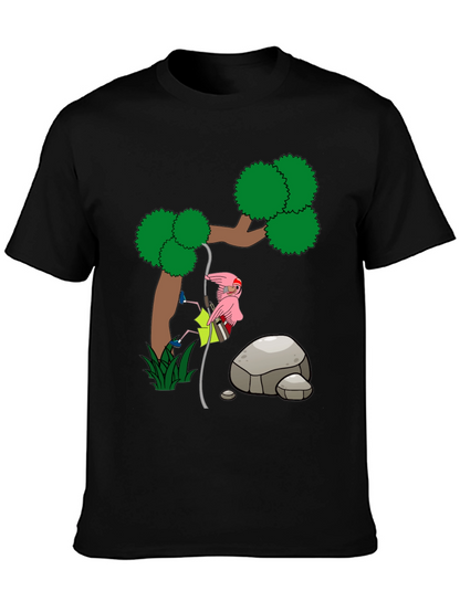Cartoon Flamingo Climbing Tree Black T-Shirt