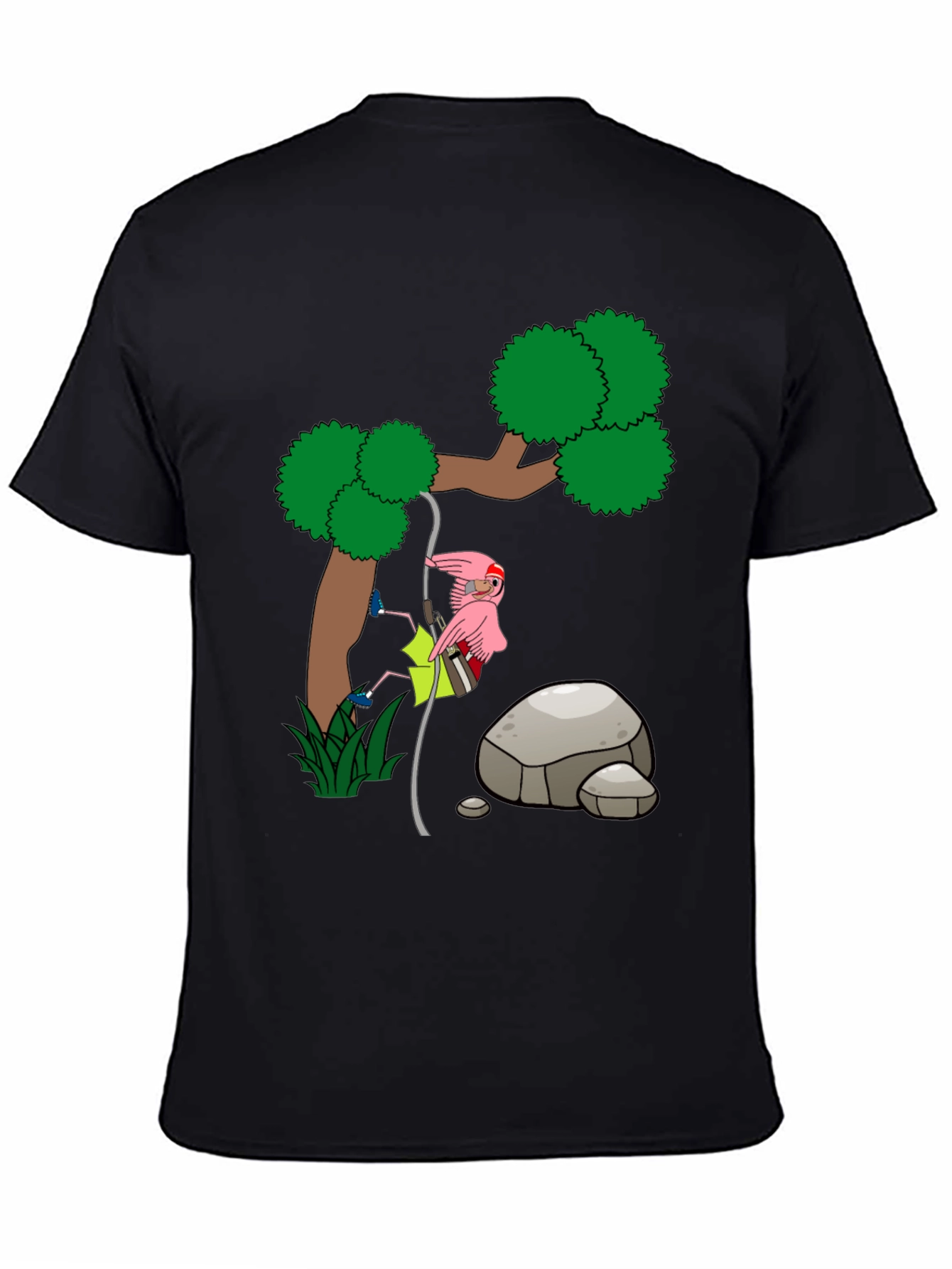 Cartoon Flamingo Climbing Tree Black T-Shirt