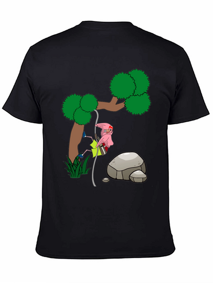Cartoon Flamingo Climbing Tree Black T-Shirt