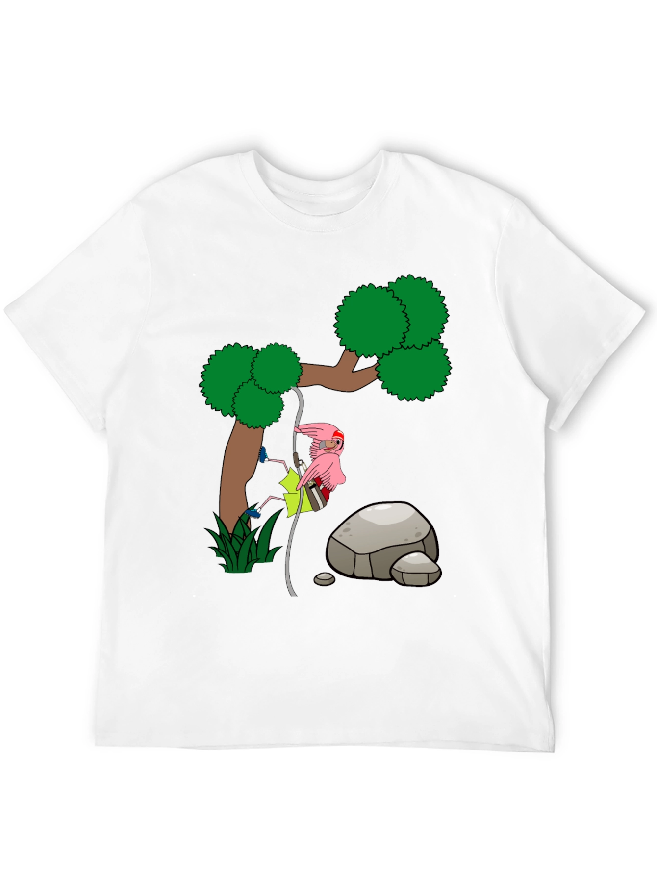 Cartoon Flamingo Climbing Tree Black T-Shirt