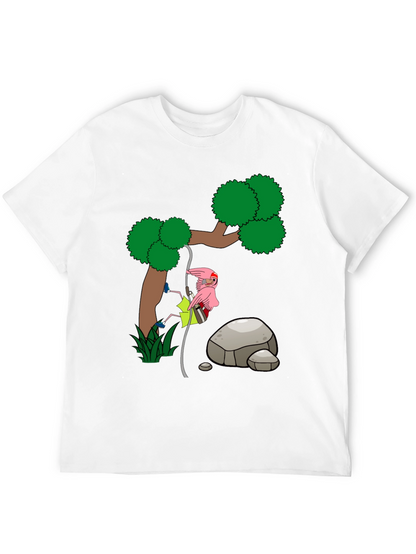 Cartoon Flamingo Climbing Tree Black T-Shirt
