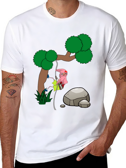 Cartoon Flamingo Climbing Tree Black T-Shirt