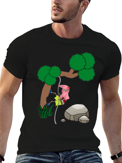 Cartoon Flamingo Climbing Tree Black T-Shirt