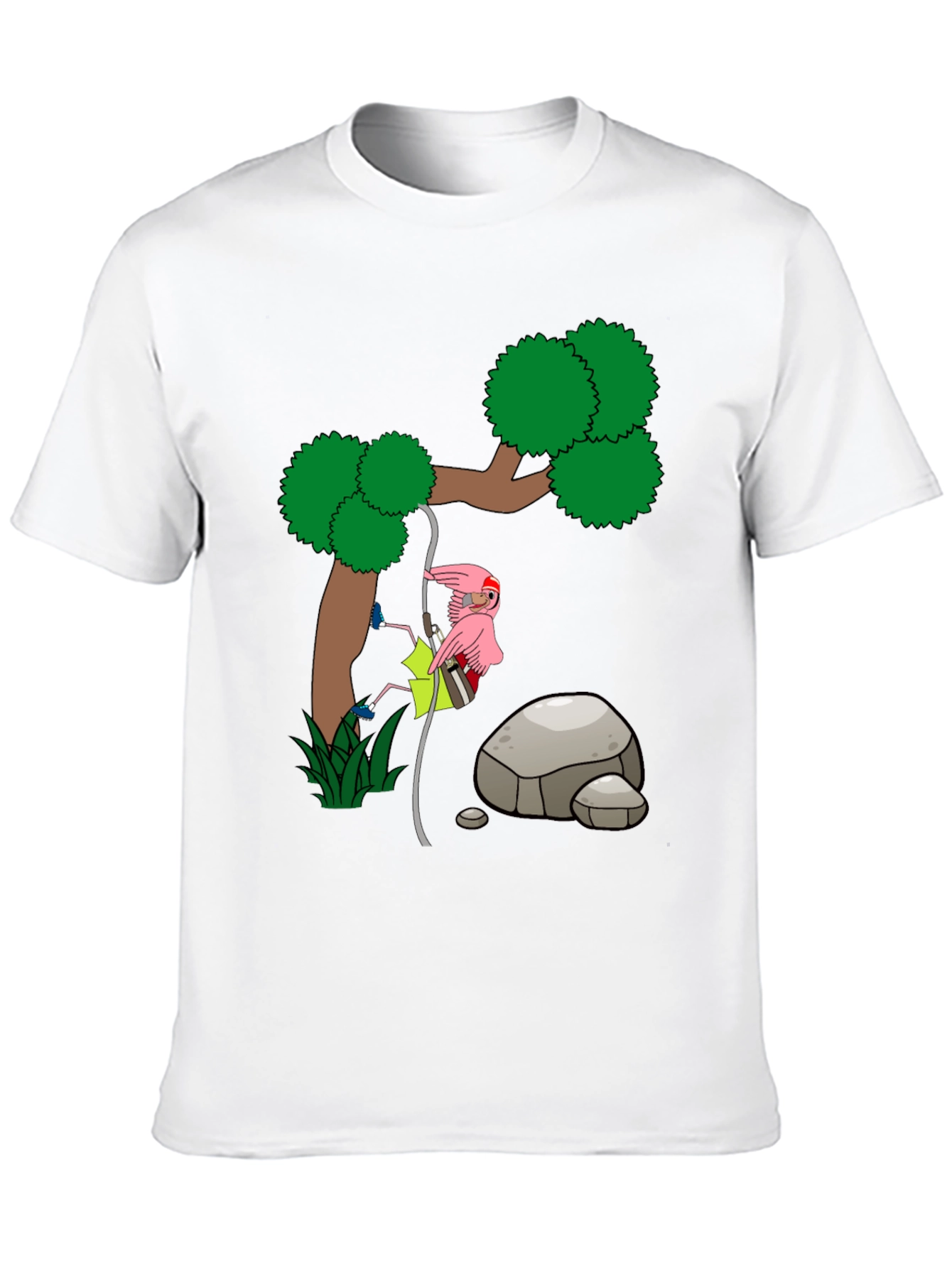 Cartoon Flamingo Climbing Tree Black T-Shirt