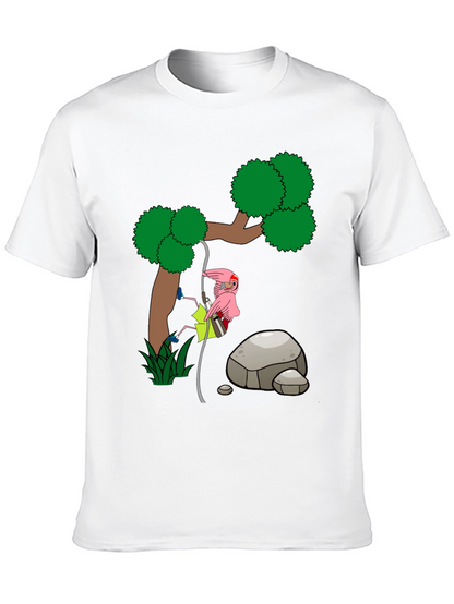 Cartoon Flamingo Climbing Tree Black T-Shirt