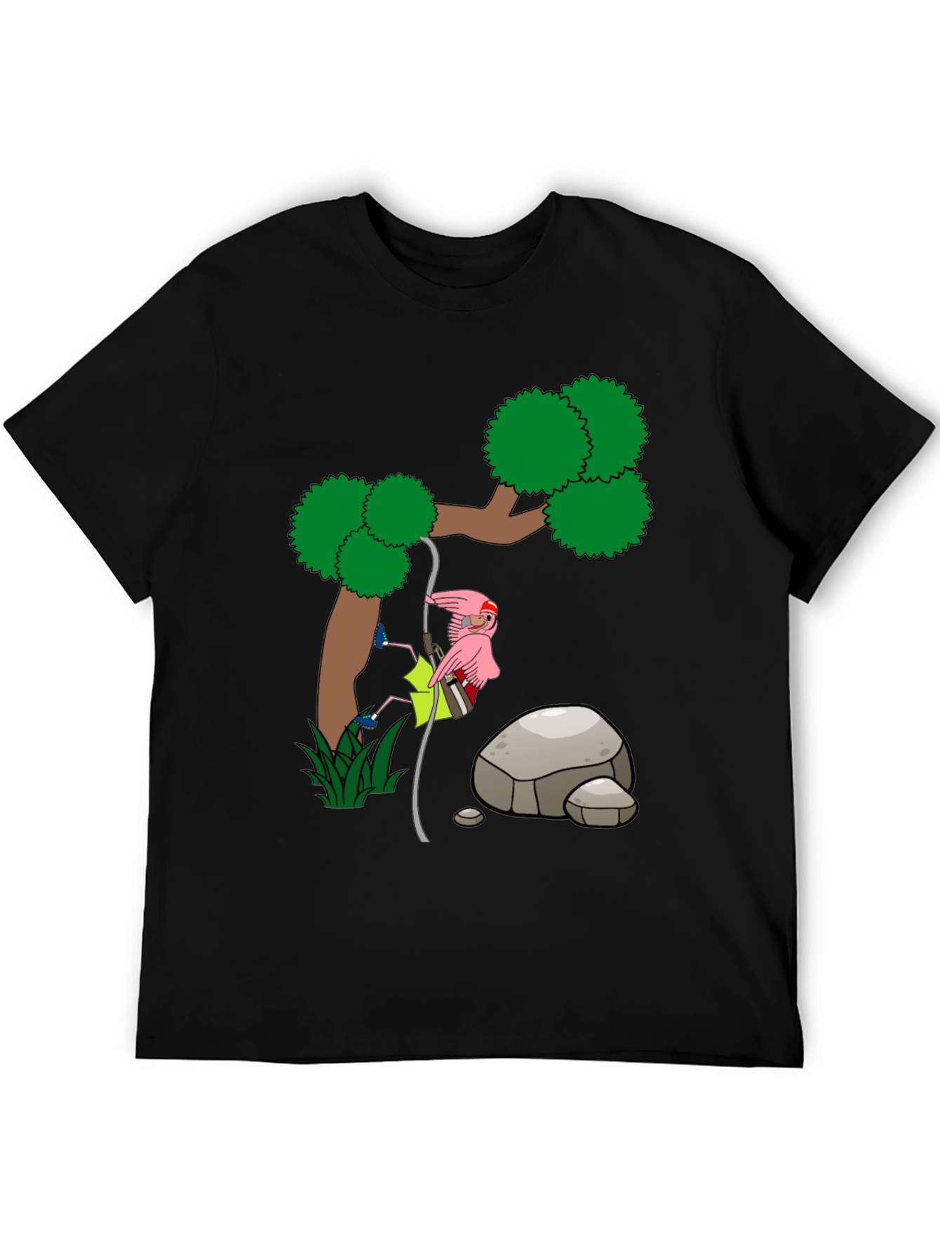 Cartoon Flamingo Climbing Tree Black T-Shirt