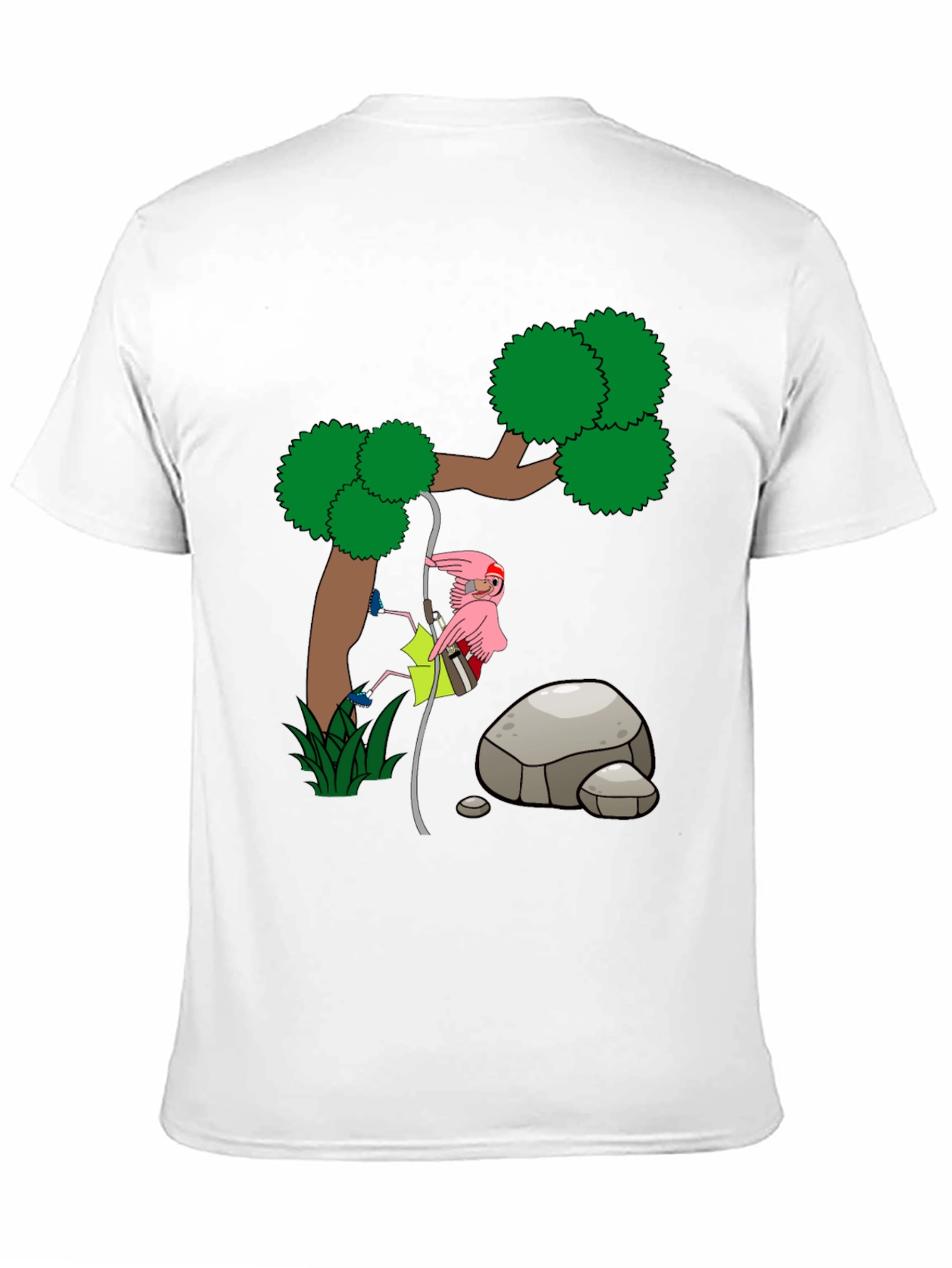 Cartoon Flamingo Climbing Tree Black T-Shirt