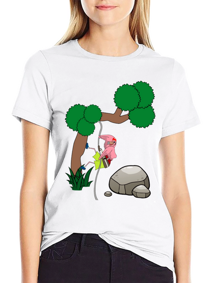 Cartoon Flamingo Climbing Tree Black T-Shirt