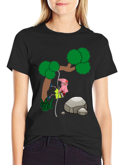Cartoon Flamingo Climbing Tree Black T-Shirt