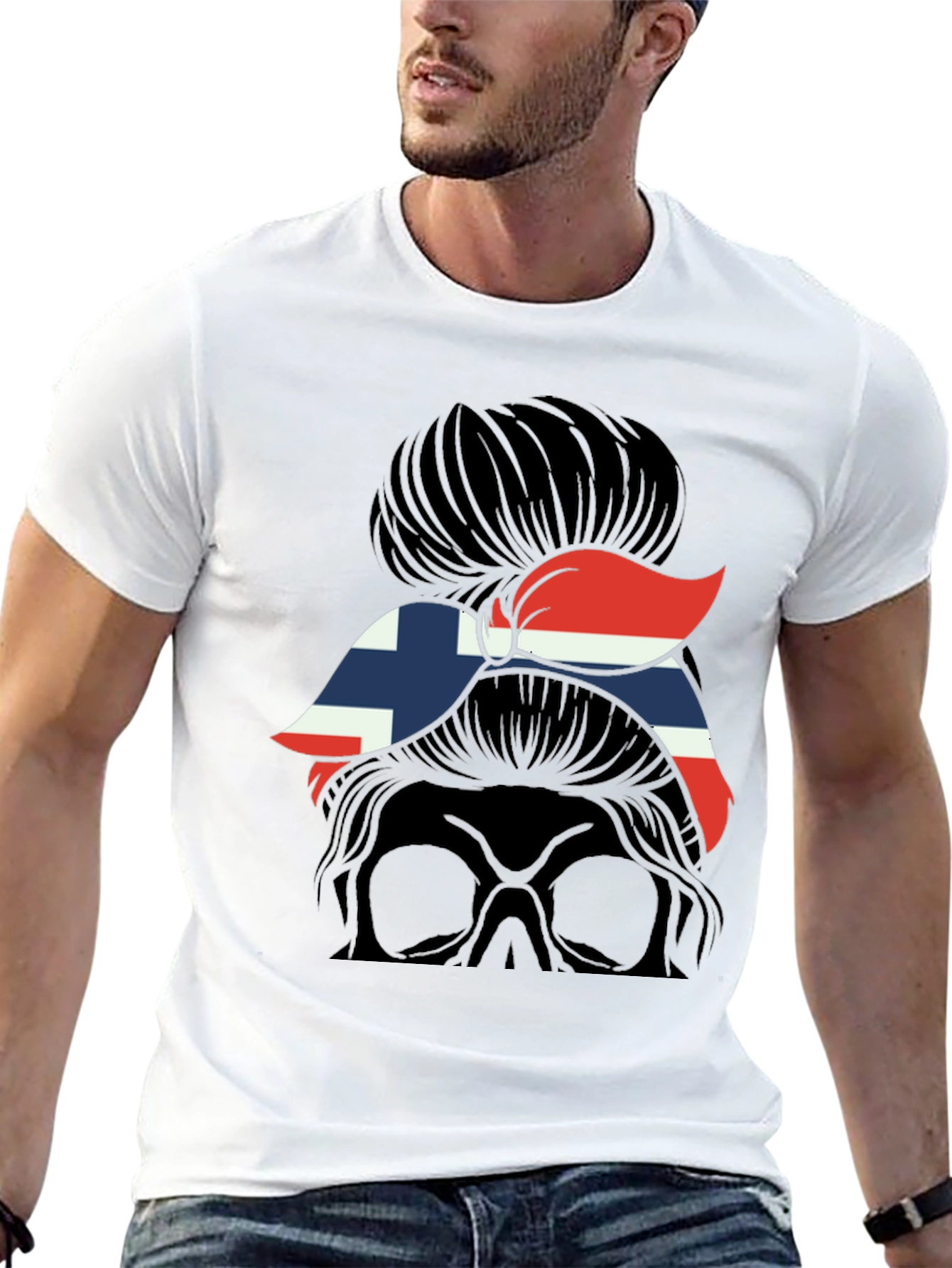 Norway Flag Messy Bun Skull T-Shirt