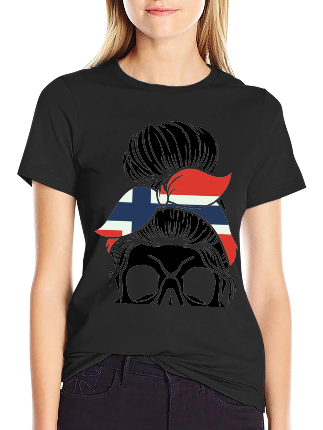 Norway Flag Messy Bun Skull T-Shirt