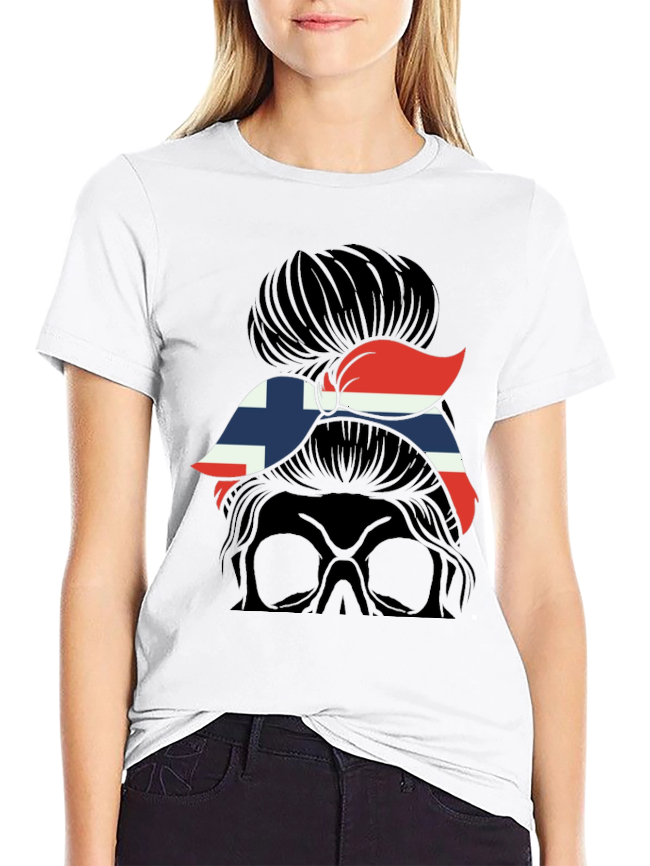 Norway Flag Messy Bun Skull T-Shirt