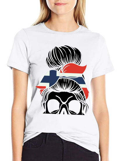 Norway Flag Messy Bun Skull T-Shirt