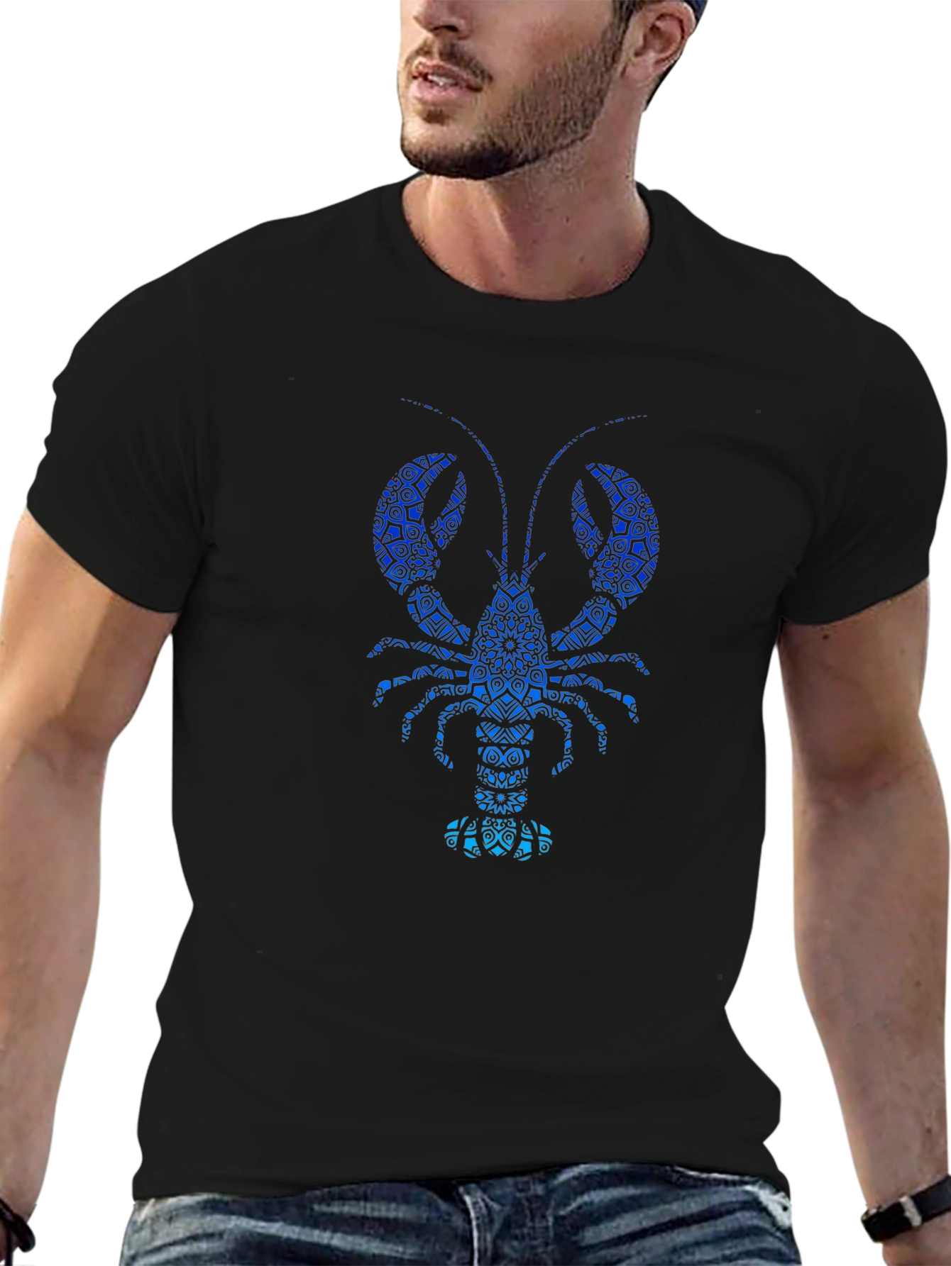 Blue Lobster Graphic Print Mens Black T-Shirt