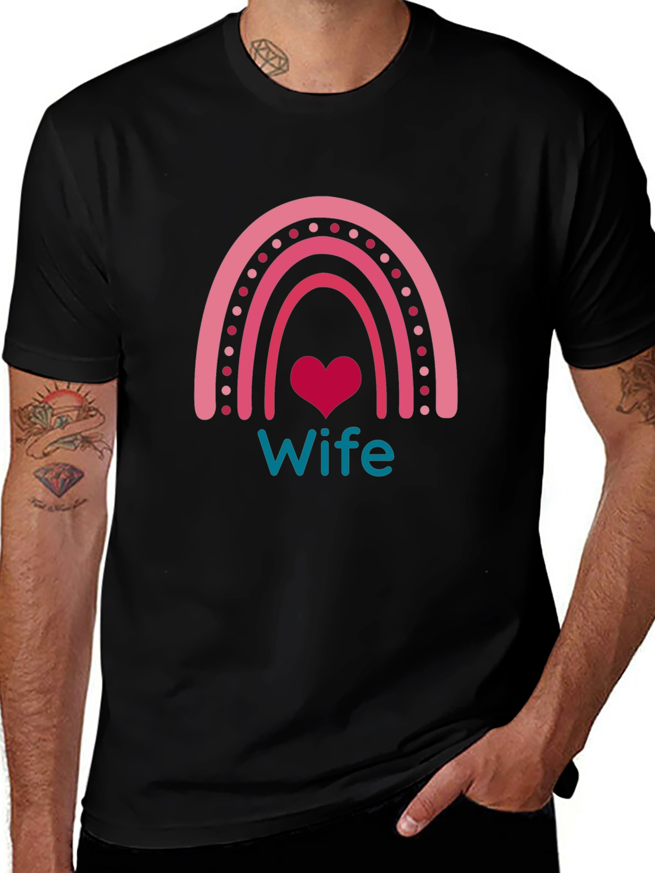 Wife Rainbow Heart Graphic Tee - Black Cotton Blend
