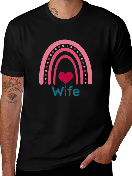 Wife Rainbow Heart Graphic Tee - Black Cotton Blend
