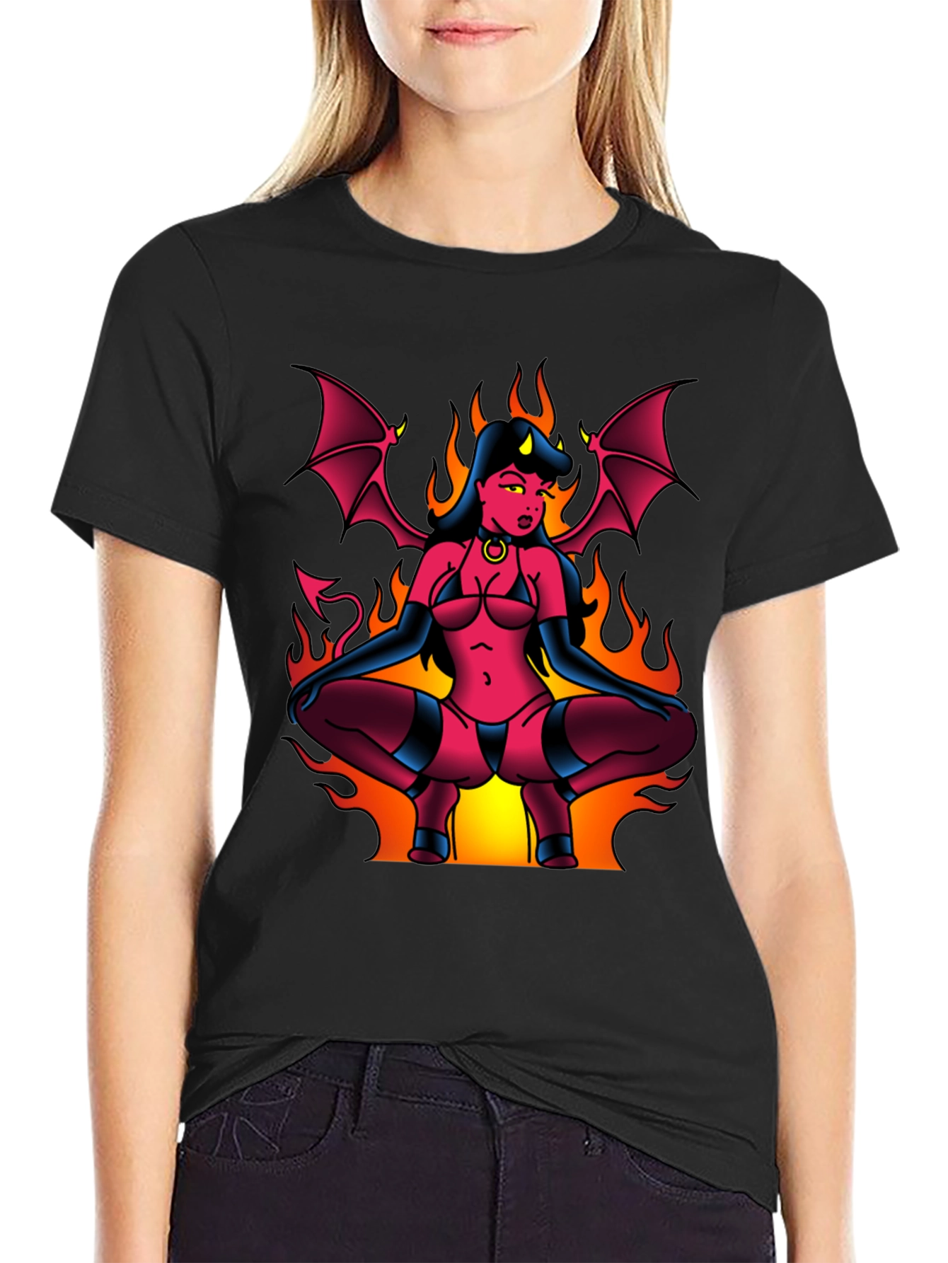 Devil Girl Graphic Tee - Black Cotton T-Shirt
