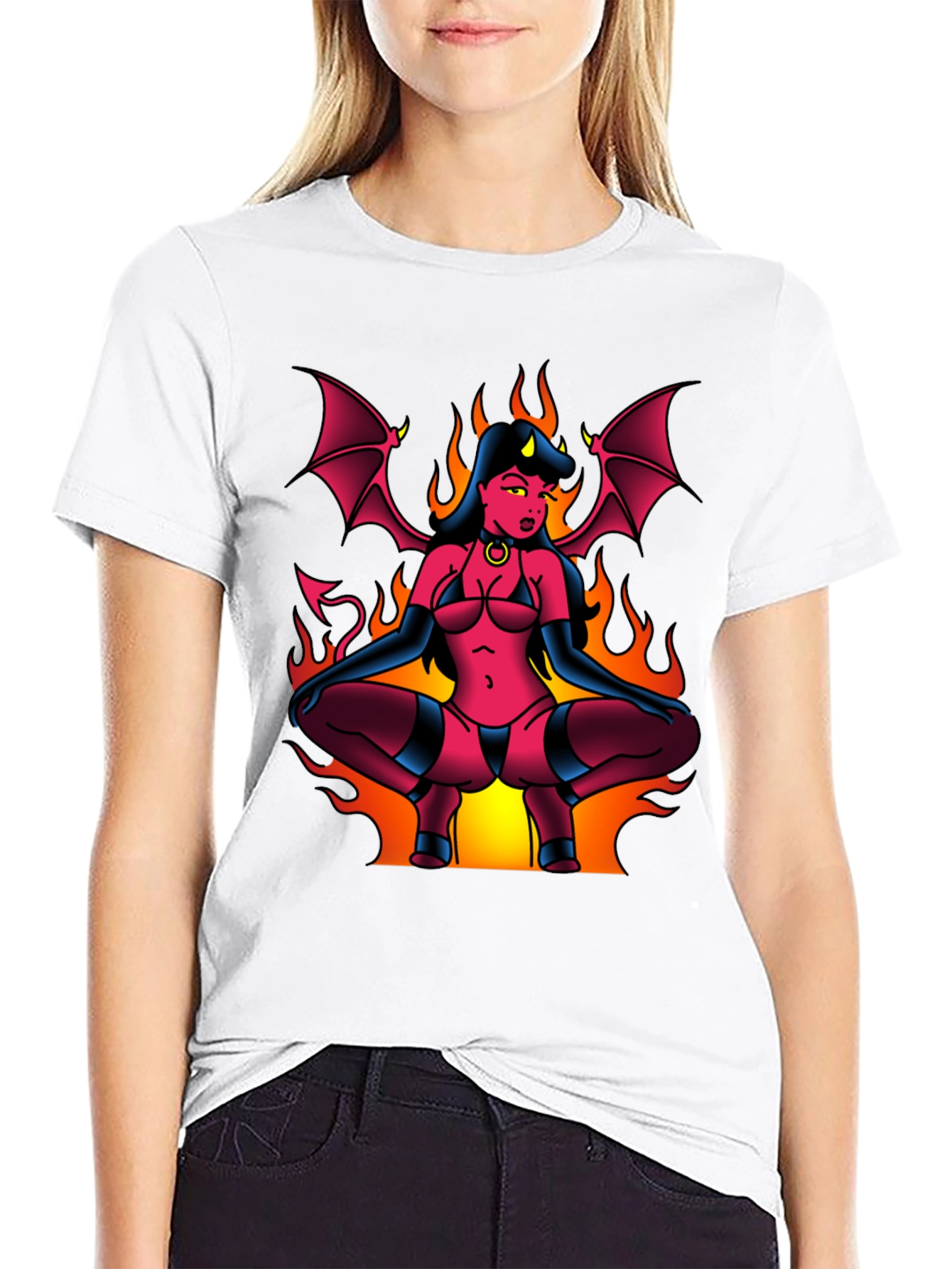 Devil Girl Graphic Tee - Black Cotton T-Shirt