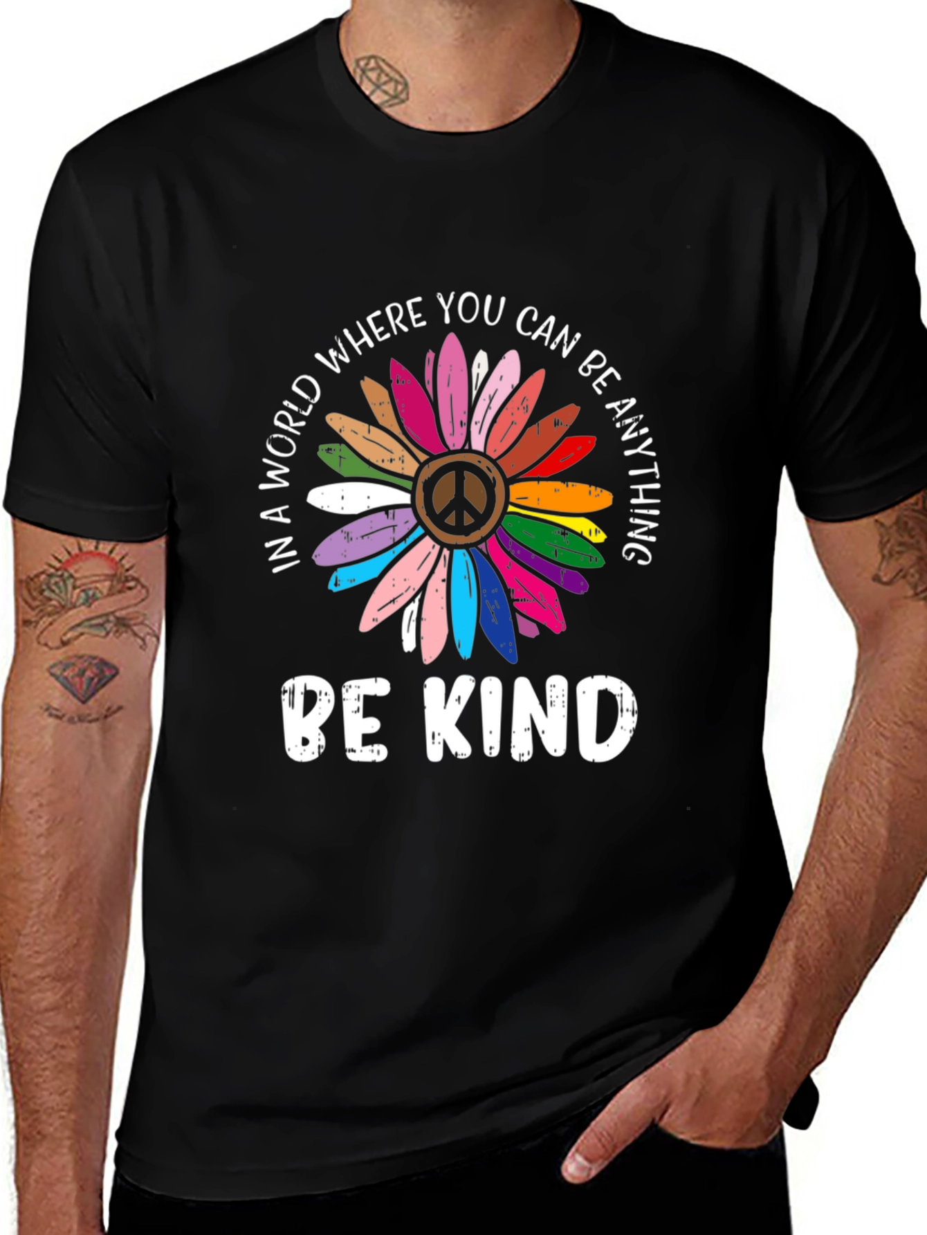 Be Kind Peace Sign Rainbow Flower Graphic Tee