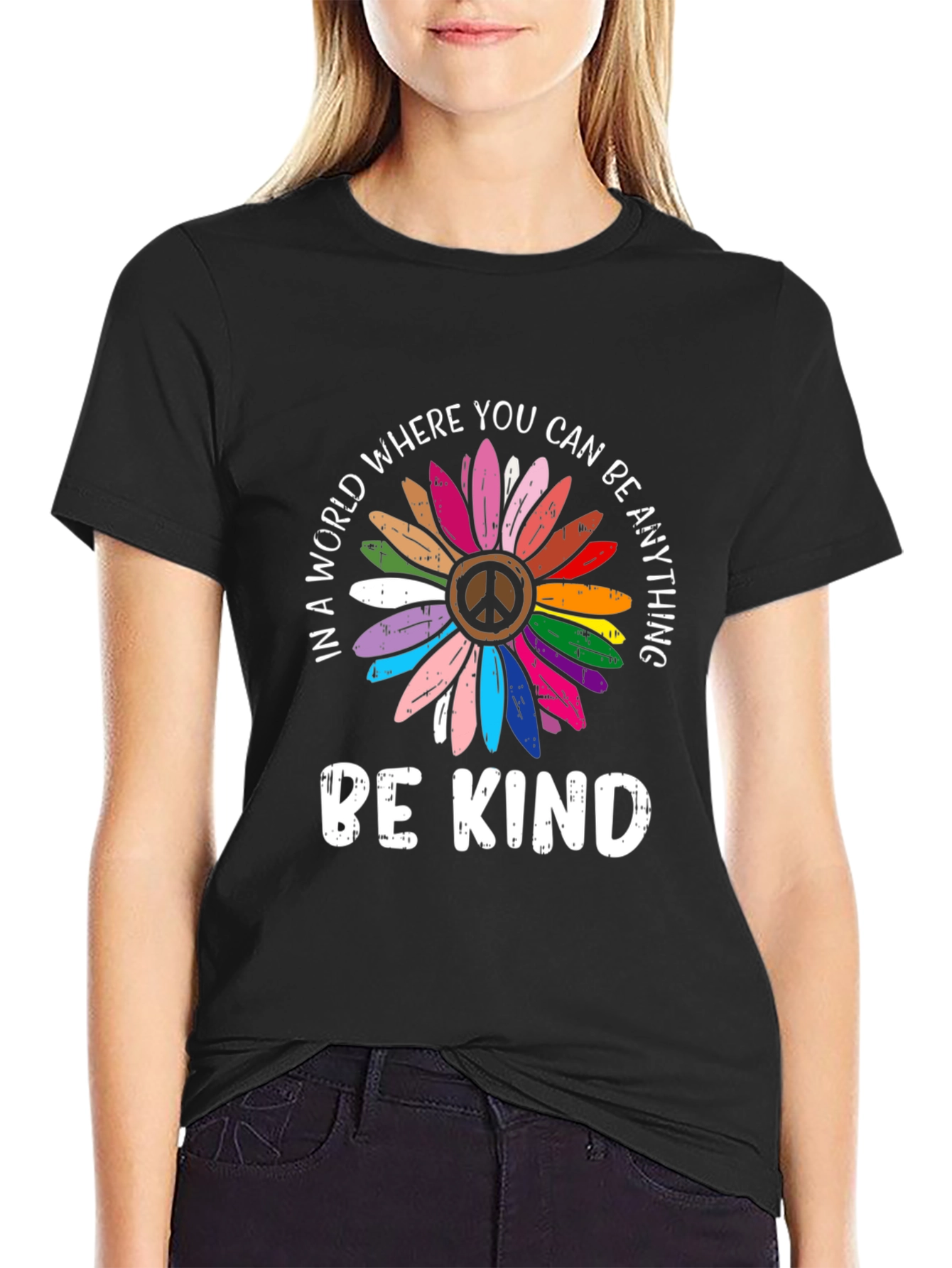 Be Kind Peace Sign Rainbow Flower Graphic Tee