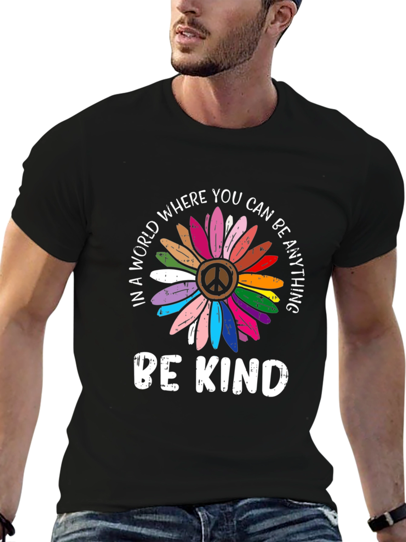 Be Kind Peace Sign Rainbow Flower Graphic Tee