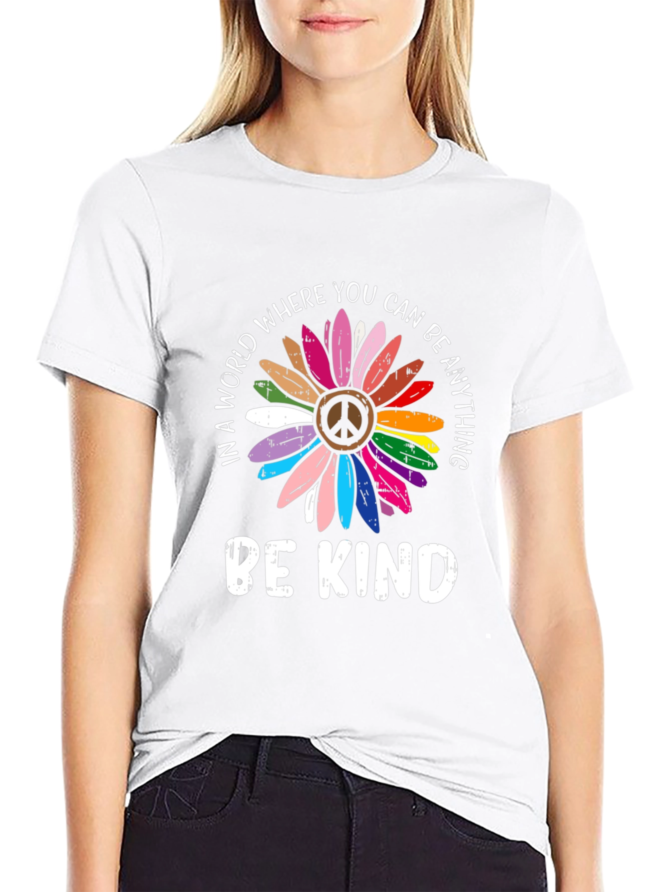 Be Kind Peace Sign Rainbow Flower Graphic Tee