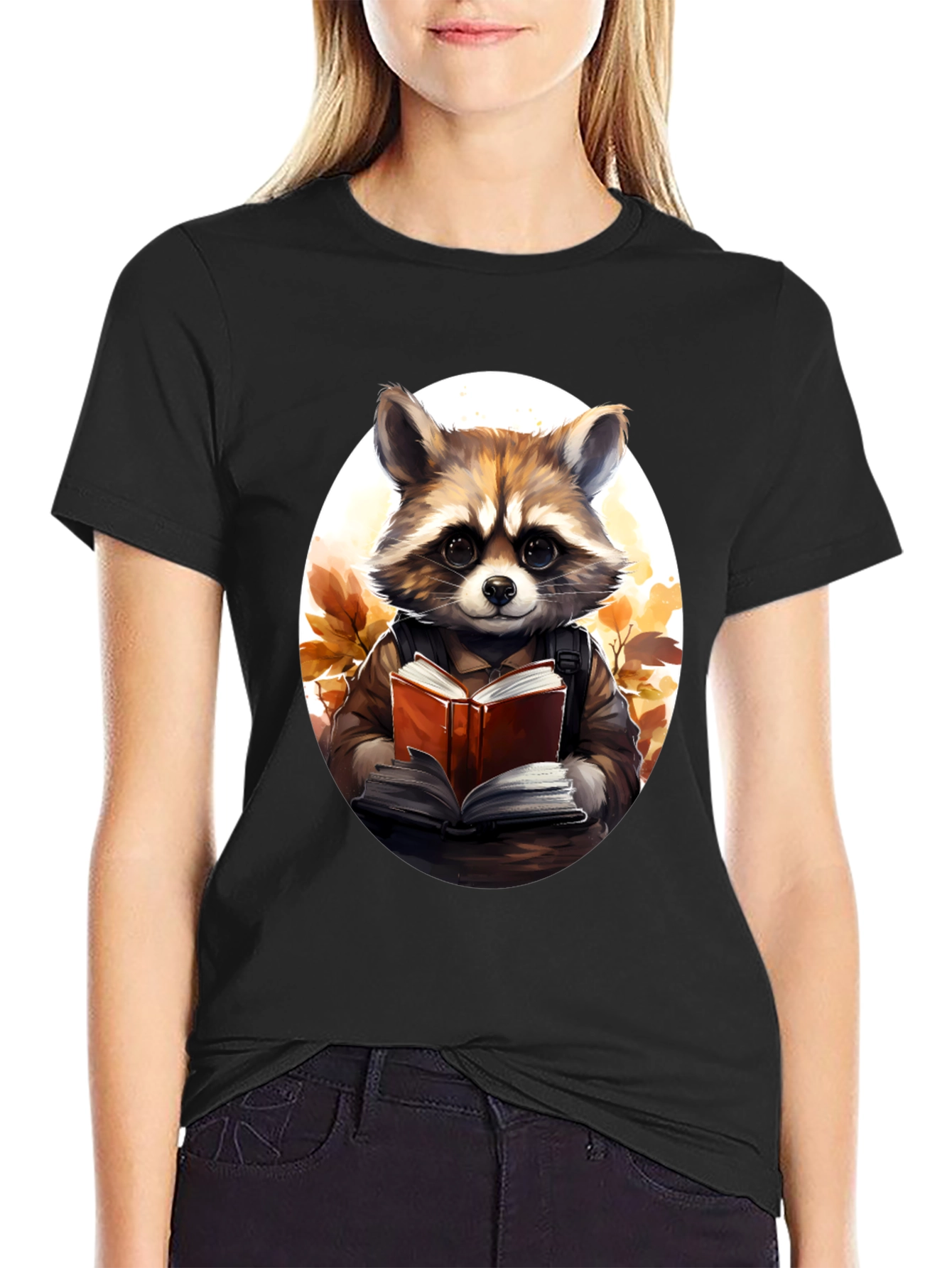 Raccoon Reader Graphic Tee - Black Cotton