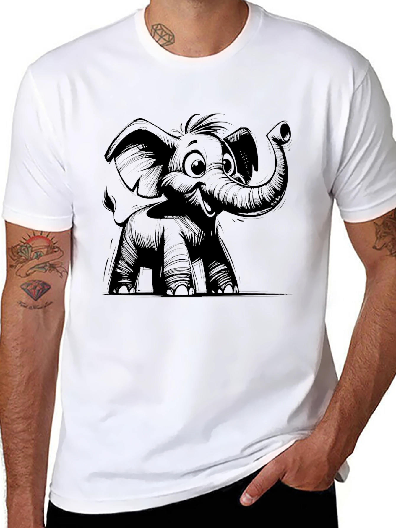 Elephant Cartoon Graphic Tee - Black