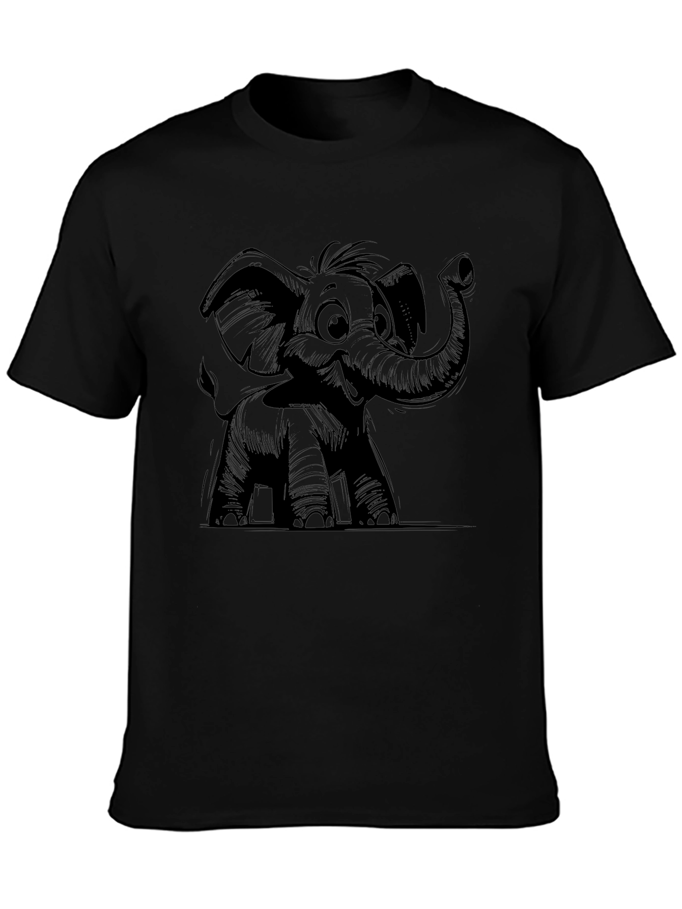 Elephant Cartoon Graphic Tee - Black