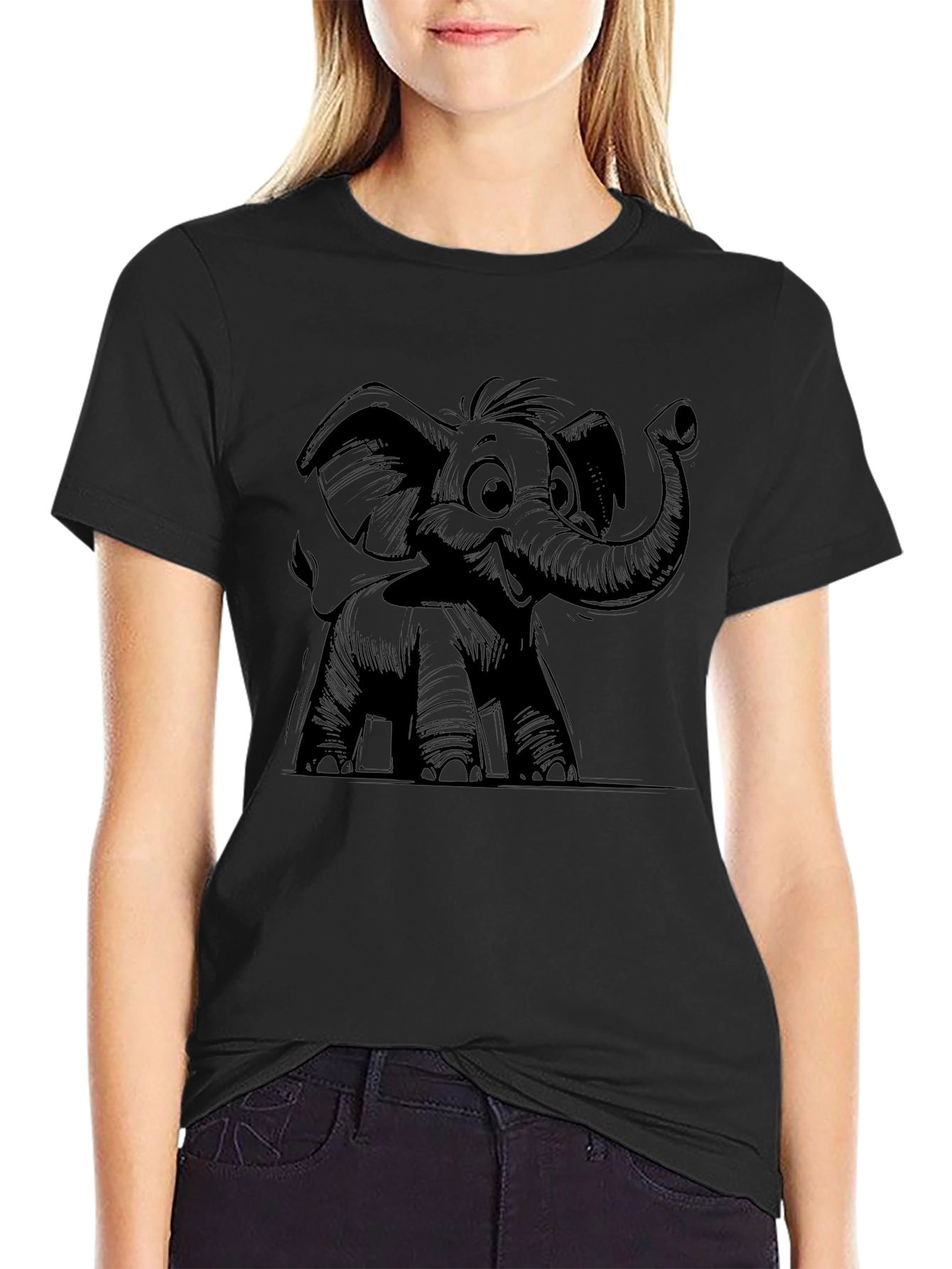 Elephant Cartoon Graphic Tee - Black